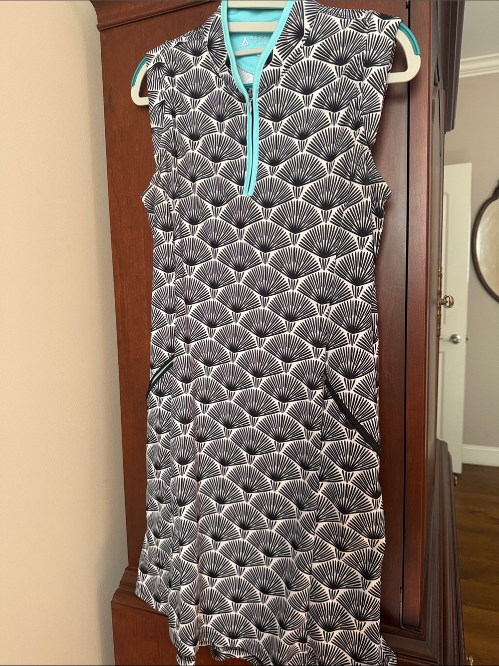 Sleeveless Black & White Patterned Golf Dress with Aqua Trim